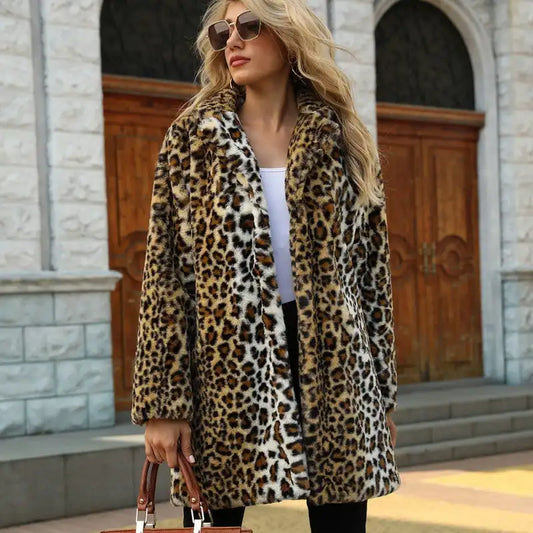 Women‘s Leopard Print Faux Fur Coat Open Front Fuzzy Suit Collar Women Fashion Warm Faux Fur Mid-Length Coat-belleandkai.com