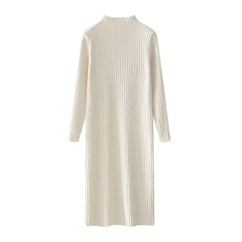 Women Autumn Winter Casual Mock Neck Solid Dress Inner Layer Long Sleeved Knit Dress Loose Mid-Length Versatile Sweater Dress-belleandkai.com
