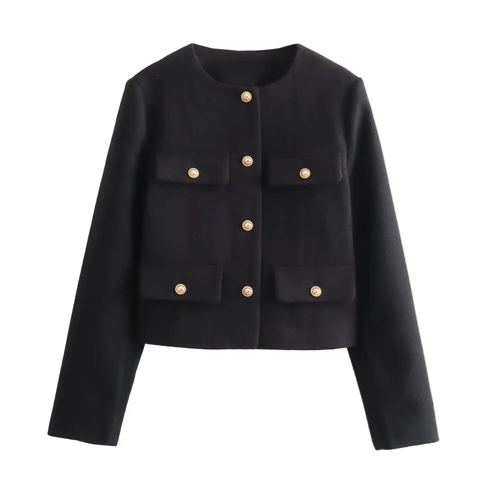 UNIZERA Winter New Product Women's Fashion and Casual Versatile Round Neck Flip Decoration Short Suit Coat-belleandkai.com