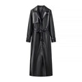 EDSA Women Luxury Faux Leather Jacket Coat with Belt for Autumn Winter Loose Long Windbreaker Trench Vintage Outerwear-belleandkai.com