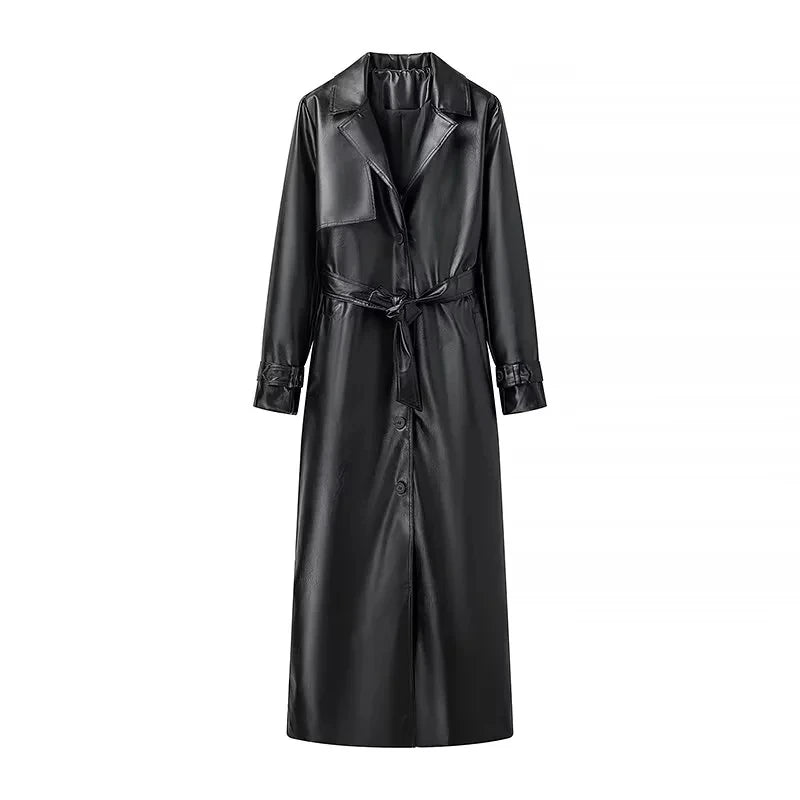 EDSA Women Luxury Faux Leather Jacket Coat with Belt for Autumn Winter Loose Long Windbreaker Trench Vintage Outerwear-belleandkai.com
