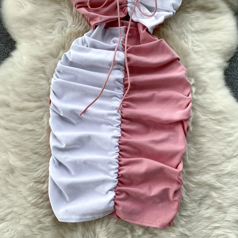 Foamlina Sexy Night Club Dress Women Summer Elegant Color Match Mini Bodycon Dress Strap Sleeveless Cut Out Ruched Party Dress-belleandkai.com
