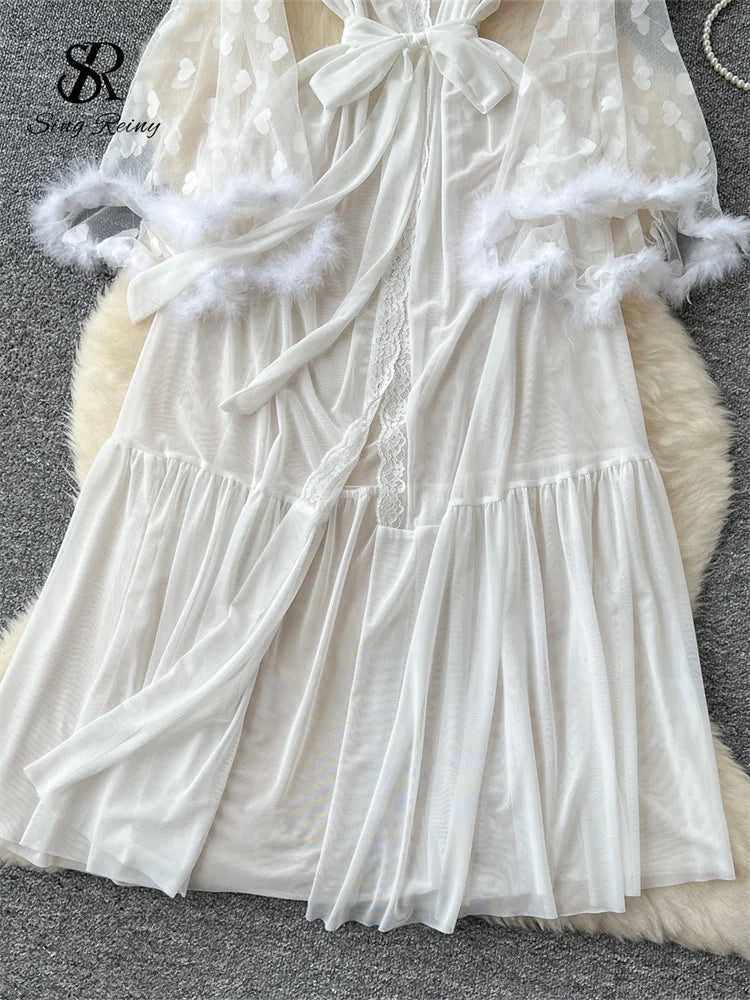 SINGREINY Women Elegant Sheer Sexy Cardigan Robes Wools Spliced Long Sleeve Shawls Fashion French Gauze Transparent Long Robes-belleandkai.com