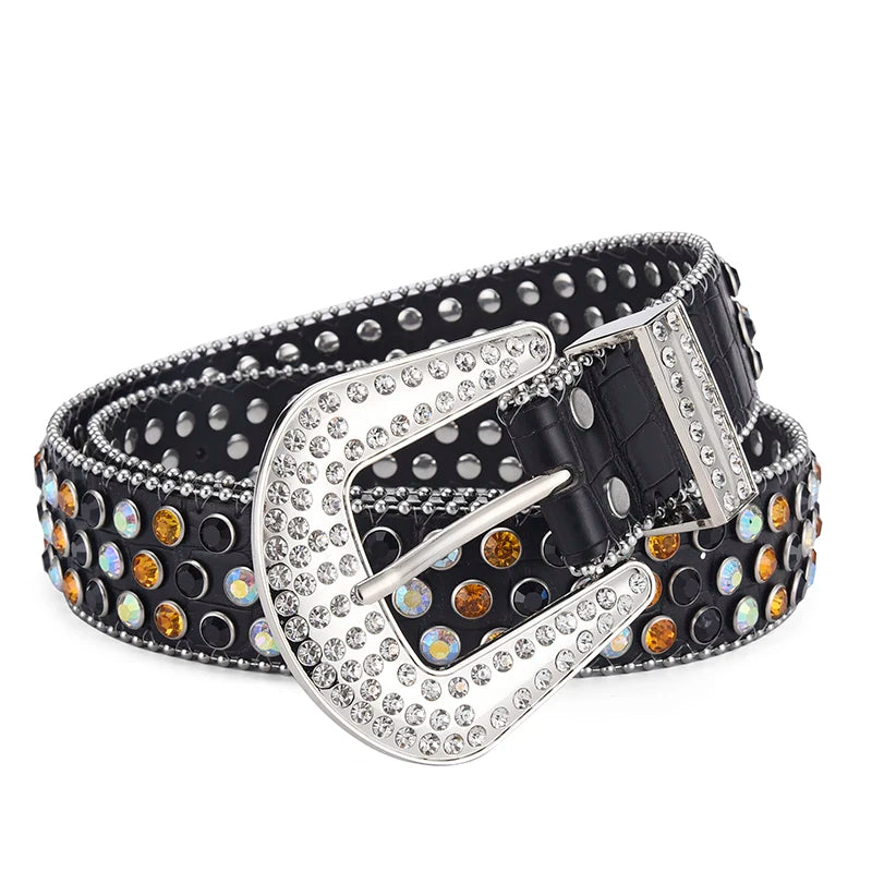 Men's Jeans Rhinestone Large Size Belt Women's Belt Western Denim Shiny Rivet Design Leather HipHop Punk Rock Y2K Style Belt-belleandkai.com