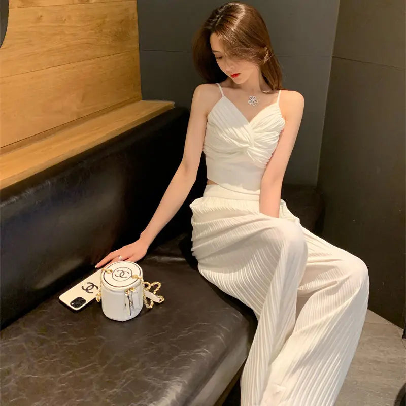 Wide Leg Pant Sets for Women 2 Pieces Aesthetic Korean Style Clothing Trend 2025 Cheap Classy Sales  Slings and Trousers Woman-belleandkai.com