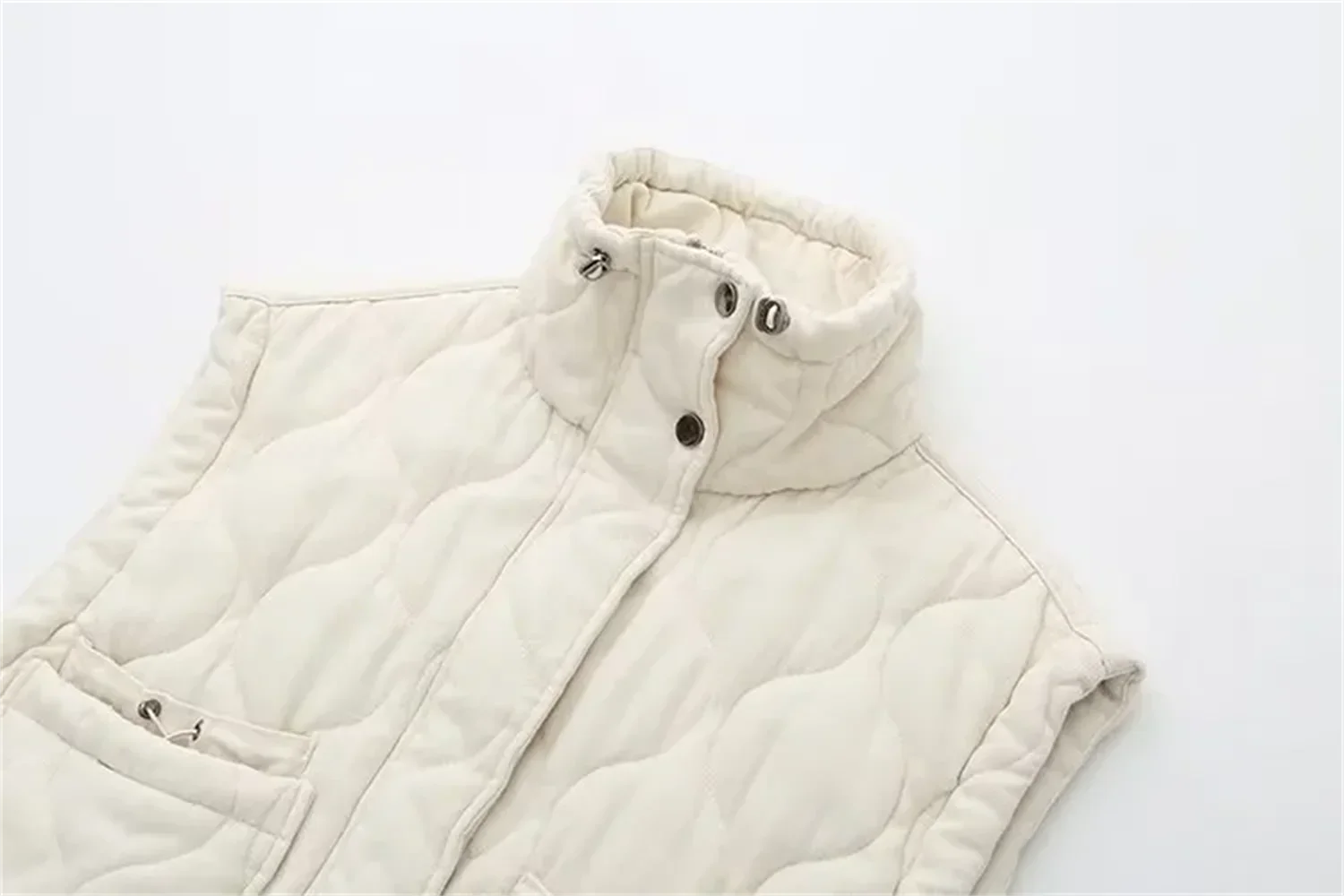 New women's versatile sleeveless stand up collar pocket decoration vest cotton vest loose shoulder jacket-belleandkai.com