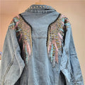 Harajuku Vintage Wings Embroidery Chain Tassel Denim Jacket Women Blue Short Coat Casual Long Sleeve Spring New Chaqueta Mujer-belleandkai.com