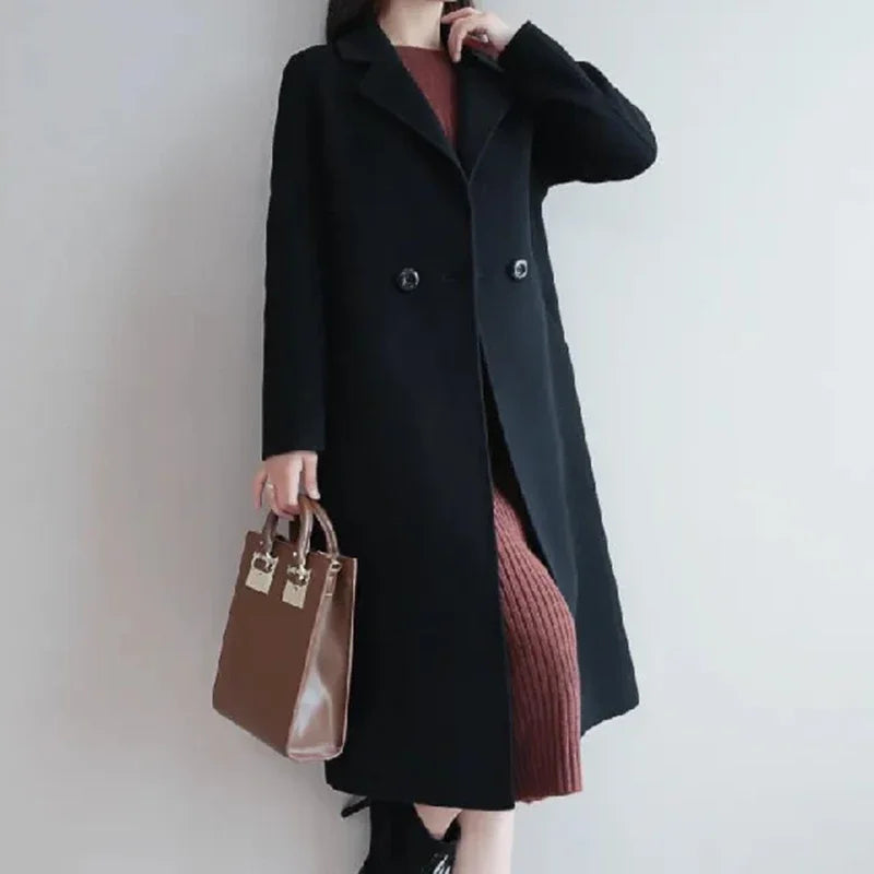 2024 Autumn Winter Women Vintage Coffee Blue Mid-Long Coat Jackets Female Concise Korean Style Loose Outside Thermal Woolen Coat-belleandkai.com