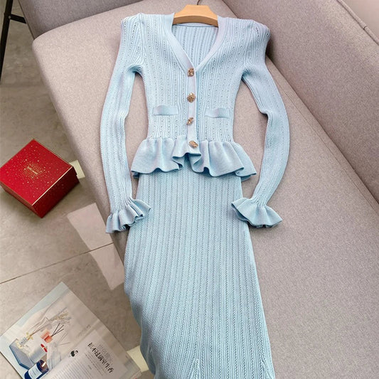 YuooMuoo Brand Fashion One-piece Knitted Maxi Dress Women Elegant V-neck Ruffled Slim Waist Bodycon Sweater Dress Party Vestido-belleandkai.com