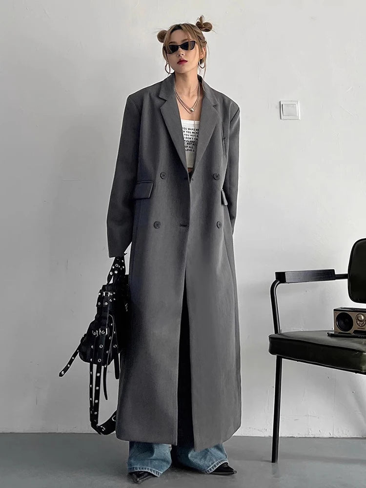 Lautaro Spring Autumn Long Grey Black Trench Coat for Women Double Breasted Loose Casual Korean Fashion Clothing Blazer 2023-belleandkai.com