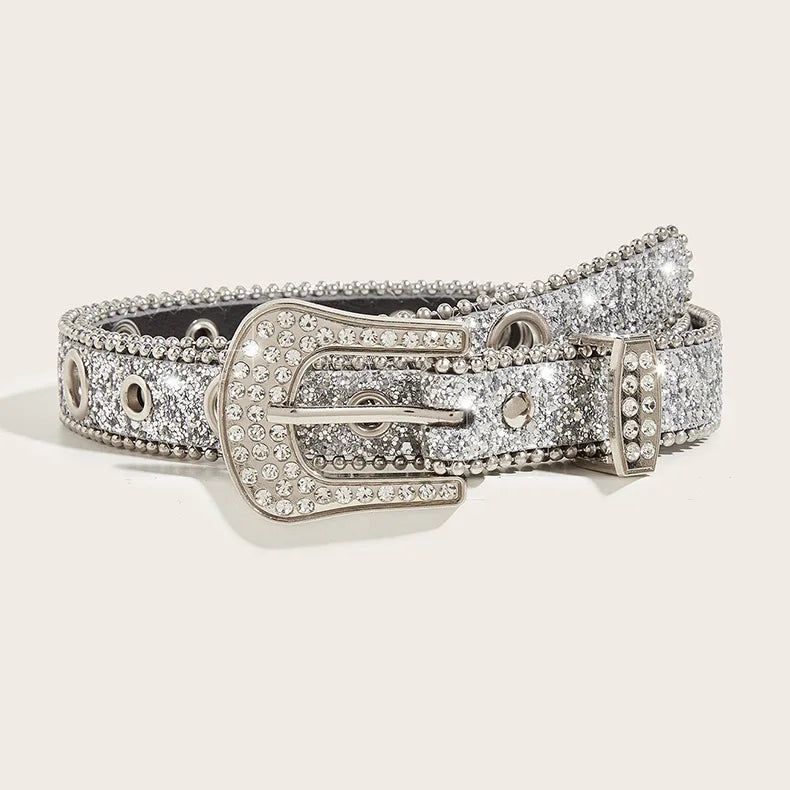 Stylish Rhinestone Western Cowgirl Style Y2K Belt Sparking Pu Leather BB Belts Jeans Dress Accessories For Women-belleandkai.com