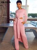CM.YAYA Solid Classic Women's Set Long Sleeve High Slit X-long Tee Top Straight Pant Suit Tracksuit Fitness Two 2 Piece Outfits-belleandkai.com