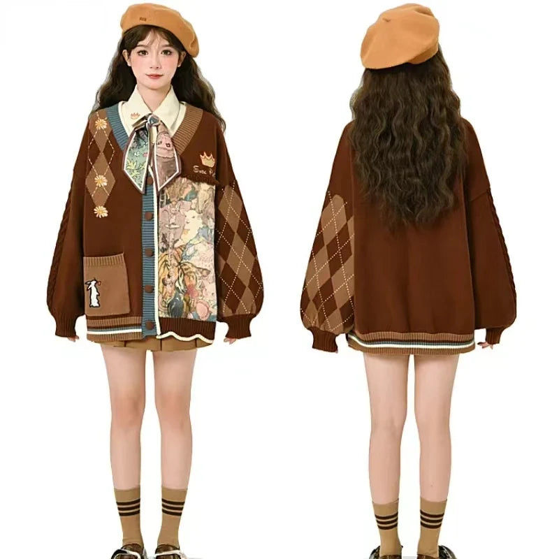 Vintage Harajuku Knit Cardigan Aesthetics Print Y2k Clothes V-neck Sweater Long Sleeve Coats College Style Streetwear Design-belleandkai.com