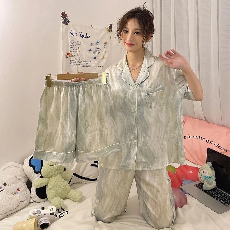 3 Pieces Set Night Wears for Women Summer New Short Sleeve Casual Striped Faux Silk Pijamas Set for Women Luxury Pyjamas Set-belleandkai.com