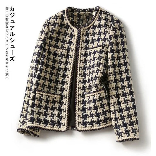 Bright Silk Bright Line Decoration Plaid Vintage O-Neck Long Sleeve Women's Jacket Covered Button Short Jackets Coat For Women-belleandkai.com