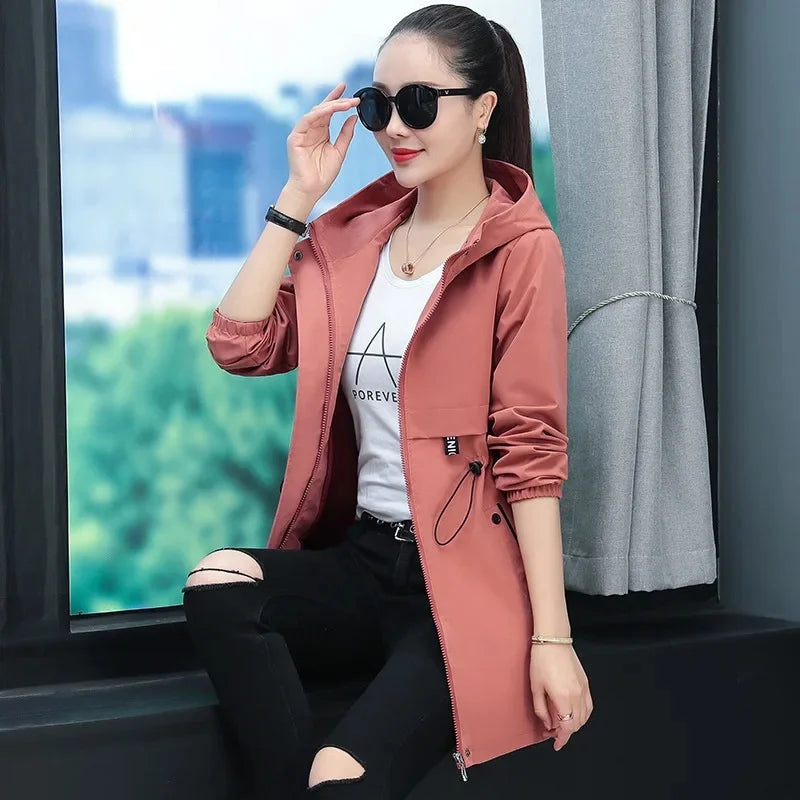Hooded Coat Jacket for Middle-Aged Mothers Loose Elastic Waist Spring Autumn Zipper Open Cardigan Style Women's Clothing-belleandkai.com