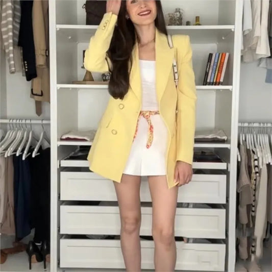 Fashion Yellow Blazer Woman Elegant Chic Pockets Double Buttons Long Sleeve Loose Coat 2025 New spring Office Lady Solid Suits-belleandkai.com