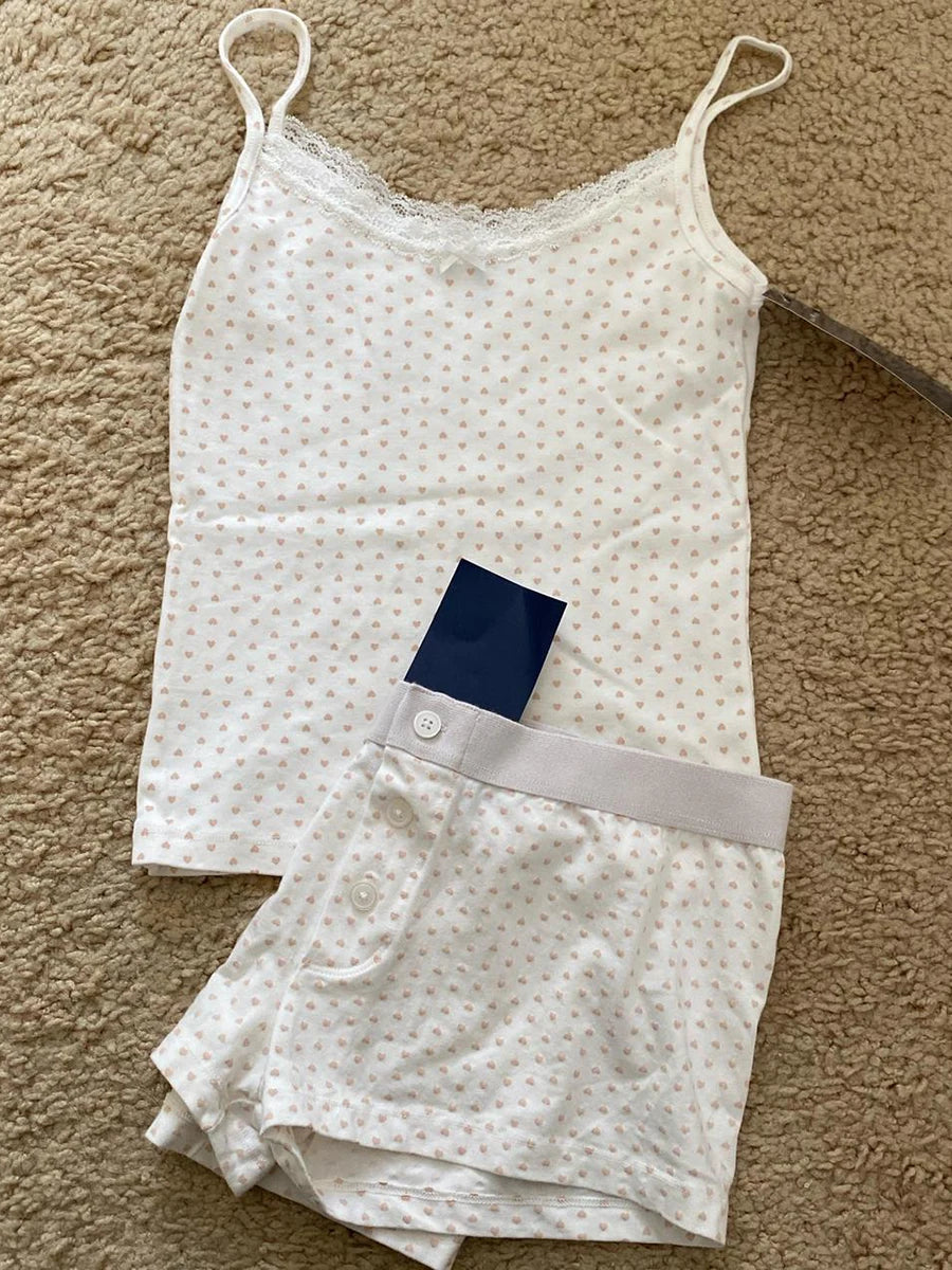 Strawberry Vest Shorts 2 Pieces Set Woman Eyelet Bow Slim Tank Top with Elastic Waist Patchwork Straight Short Pant Sweet Sets-belleandkai.com