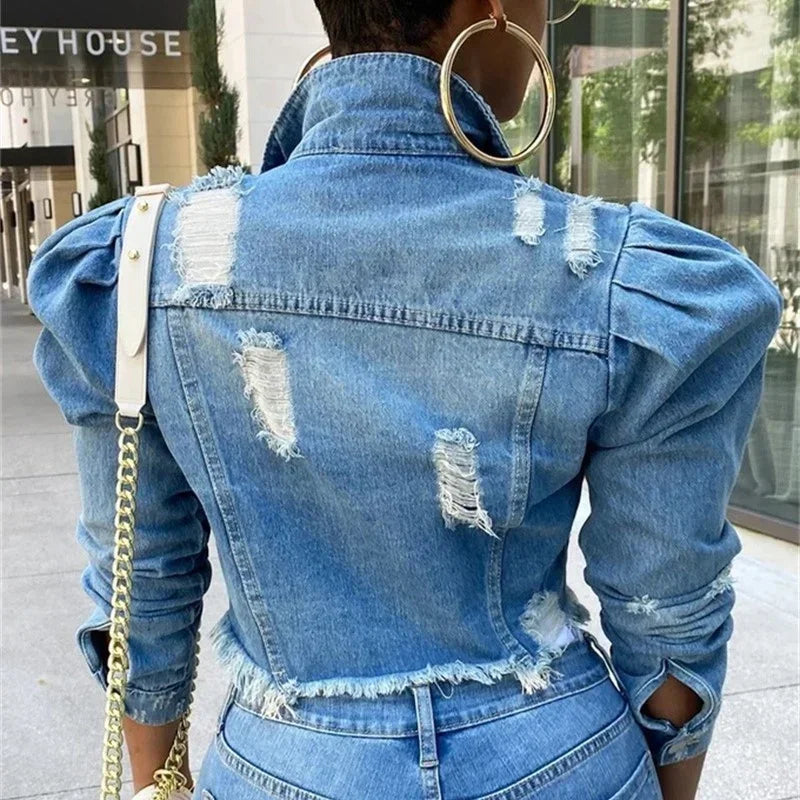 Fashion Bubble Long Sleeve Lapel Button Splicing Denim Jacket Female Broken Holes Tassel Outerwear Trend Streetwear Women's Coat-belleandkai.com