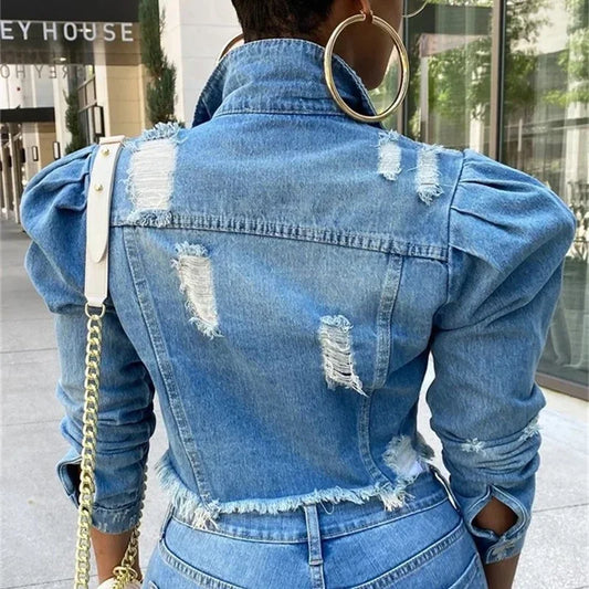 Fashion Bubble Long Sleeve Lapel Button Splicing Denim Jacket Female Broken Holes Tassel Outerwear Trend Streetwear Women's Coat-belleandkai.com