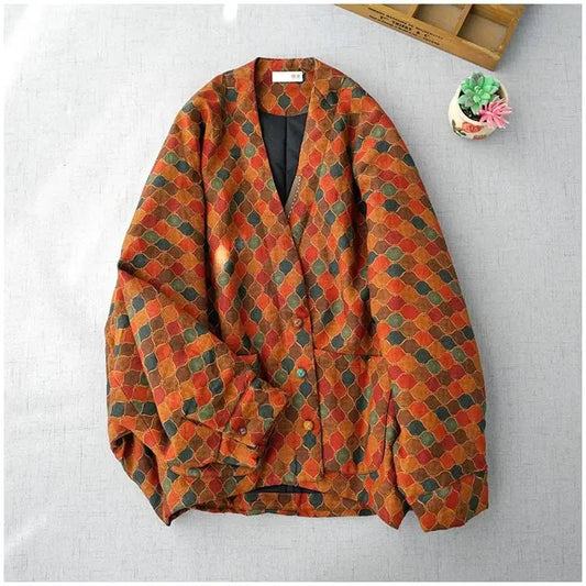 Winter New Cotton Jacket Women All-match Loose Plus Size Chinese Style Buttons Print Patchwork Comfortable Linen Oversized Coats-belleandkai.com