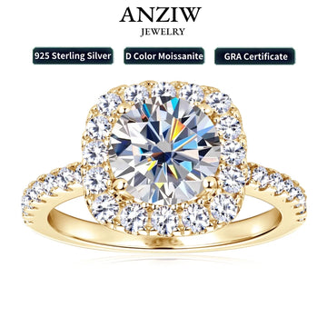Anziw Real 2CT 8mm Round Moissanite Square Ring 925 Sterling Silver Luxury Brilliant Diamond Wedding Finger Rings Band For Women-belleandkai.com