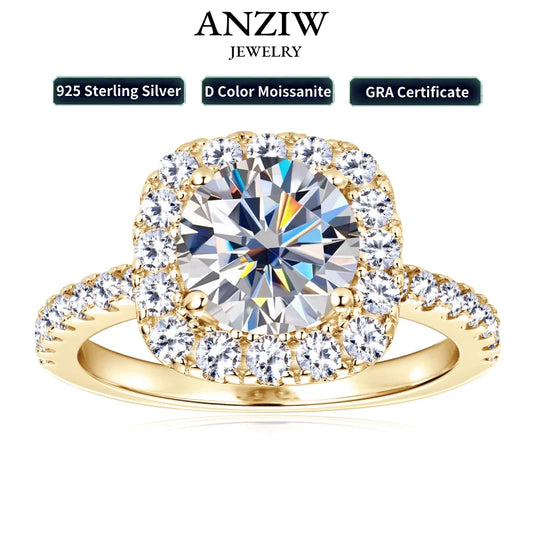 Anziw Real 2CT 8mm Round Moissanite Square Ring 925 Sterling Silver Luxury Brilliant Diamond Wedding Finger Rings Band For Women-belleandkai.com