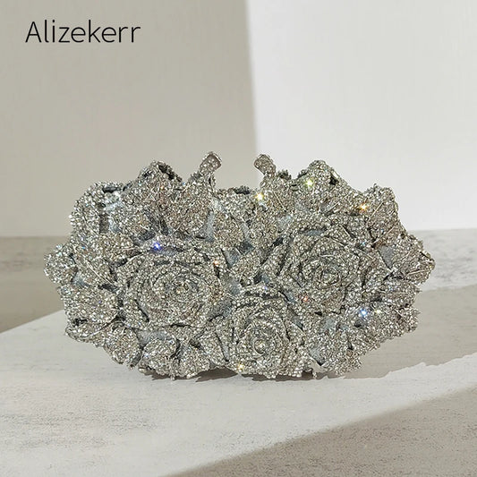 Alizekerr Rose Crystal Evening Clutch Bags Women New Luxury Boutique Sparkling Diamond Flower Purses And Handbags Wedding Party-belleandkai.com