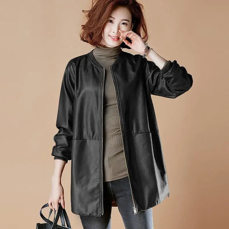 Fashion Plus Size Leather Jacket Women Zipper Windbreaker High-end Spring Autumn Coats Baseball Jersey Long Sleeve Trench Coat-belleandkai.com