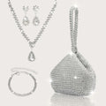 Elegant and luxurious rhinestone-encrusted evening bag and clutch, paired with a four-piece necklace, earrings and bracelet.-belleandkai.com