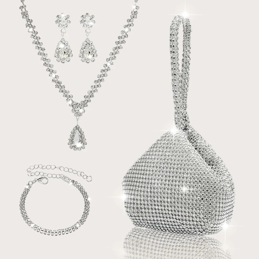 Elegant and luxurious rhinestone-encrusted evening bag and clutch, paired with a four-piece necklace, earrings and bracelet.-belleandkai.com