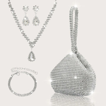 Elegant and luxurious rhinestone-encrusted evening bag and clutch, paired with a four-piece necklace, earrings and bracelet.-belleandkai.com