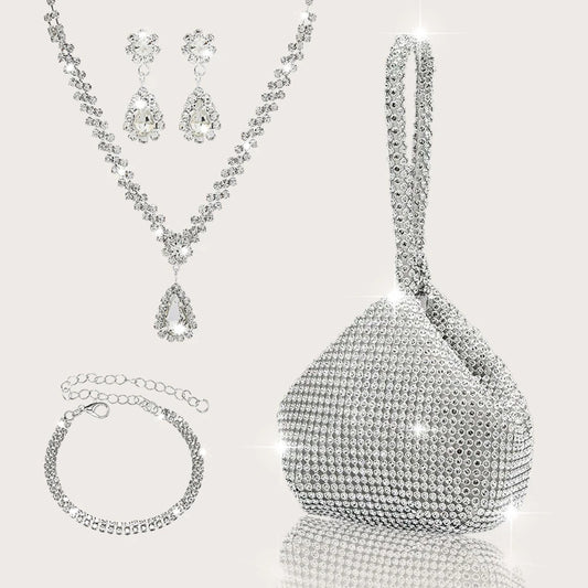 Elegant and luxurious rhinestone-encrusted evening bag and clutch, paired with a four-piece necklace, earrings and bracelet.-belleandkai.com