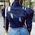 Fashion Bubble Long Sleeve Lapel Button Splicing Denim Jacket Female Broken Holes Tassel Outerwear Trend Streetwear Women's Coat-belleandkai.com