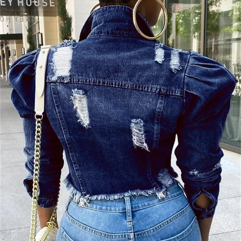 Fashion Bubble Long Sleeve Lapel Button Splicing Denim Jacket Female Broken Holes Tassel Outerwear Trend Streetwear Women's Coat-belleandkai.com