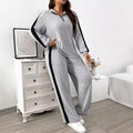 Women's Ribbed Sportswear Set Polo Lapel V-Neck Zipper Top Casual Solid Color Autumn and Winter Women 2 Piece Sets Women Outfit-belleandkai.com