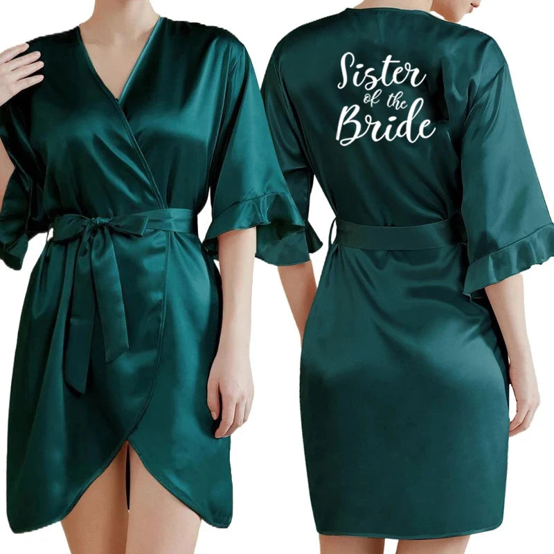 Dark Green Satin Team Bride Bridesmaid Robe Ruffle Wedding Bathrobe Gown Women Dressing Sleepwear Mother Maid of Honor Kimono-belleandkai.com