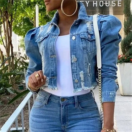 Fashion Bubble Long Sleeve Lapel Button Splicing Denim Jacket Female Broken Holes Tassel Outerwear Trend Streetwear Women's Coat-belleandkai.com