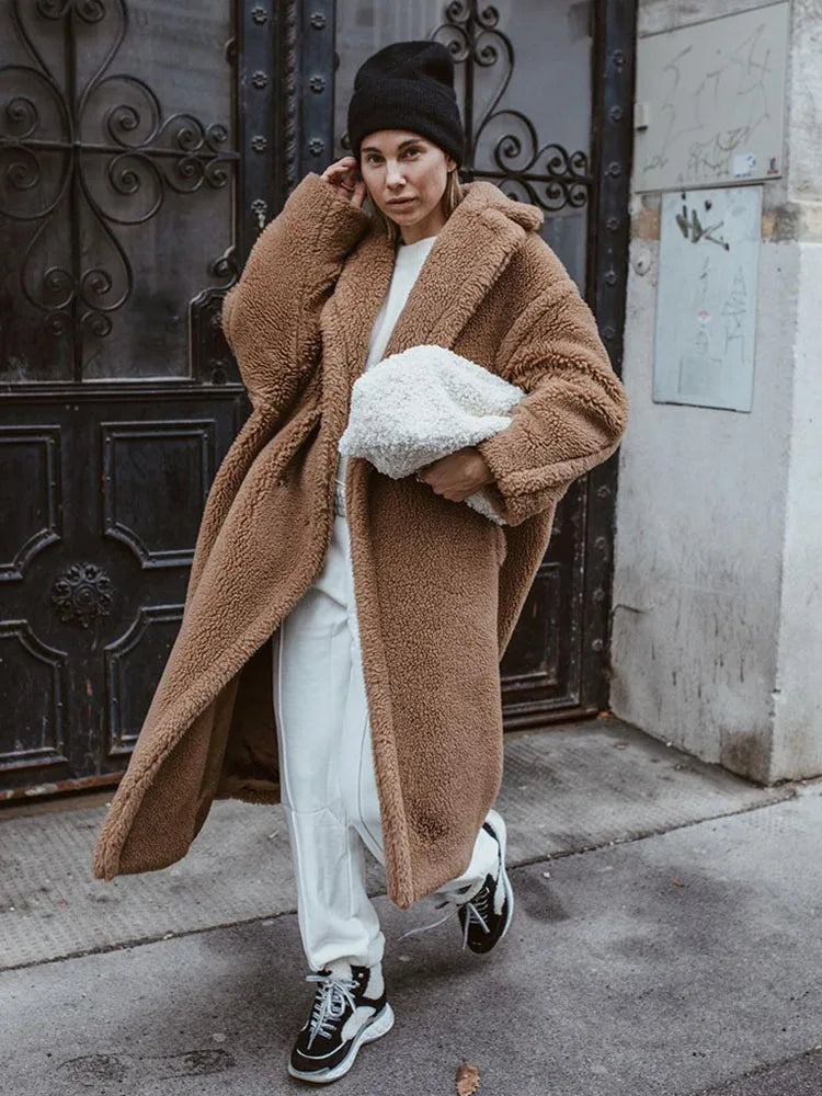 ZADORIN Winter Long Brown Teddy Coat Woman Oversized Lapel Lamb Fur Faux Fur Coat Chic Thick Warm Fur Jacket Woman Clothes Coats-belleandkai.com