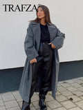 TRAFZA Winter Coat For Women 2024 Solid Lapel Double Breasted Long Cardigan Top Female Pokcet Streetwear Woman New In OuterCoat-belleandkai.com