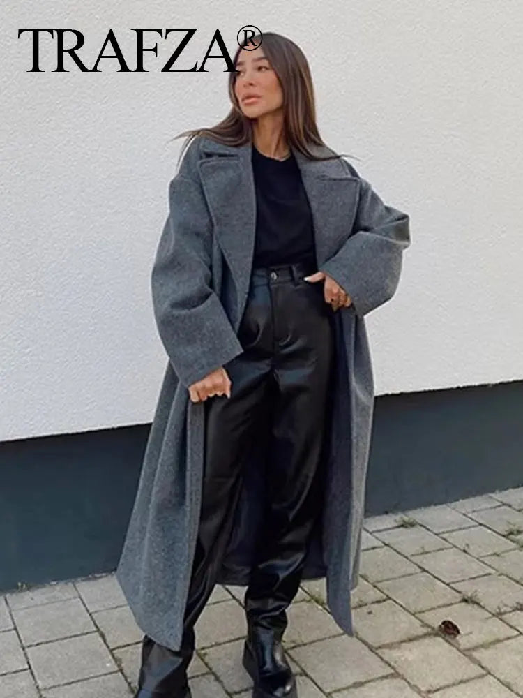TRAFZA Winter Coat For Women 2024 Solid Lapel Double Breasted Long Cardigan Top Female Pokcet Streetwear Woman New In OuterCoat-belleandkai.com