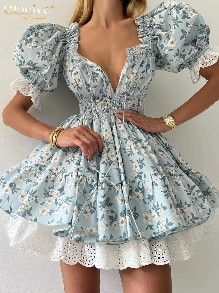 Clacive Summer Slim Print Women's Dress Fashion Slash Neck Short Sleeve Mini Dresses Elegant High Waist Patchwork Female Dress-belleandkai.com
