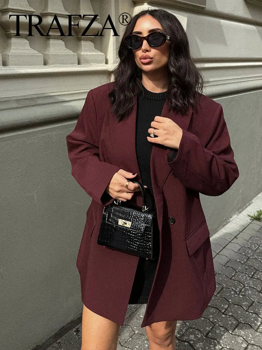TRAFZA Women's Burgundy Blazers Elegant Double Breasted Coat Long Sleeve Blazer Jacket Autumn Lady Office New Wine Red Outerwear-belleandkai.com