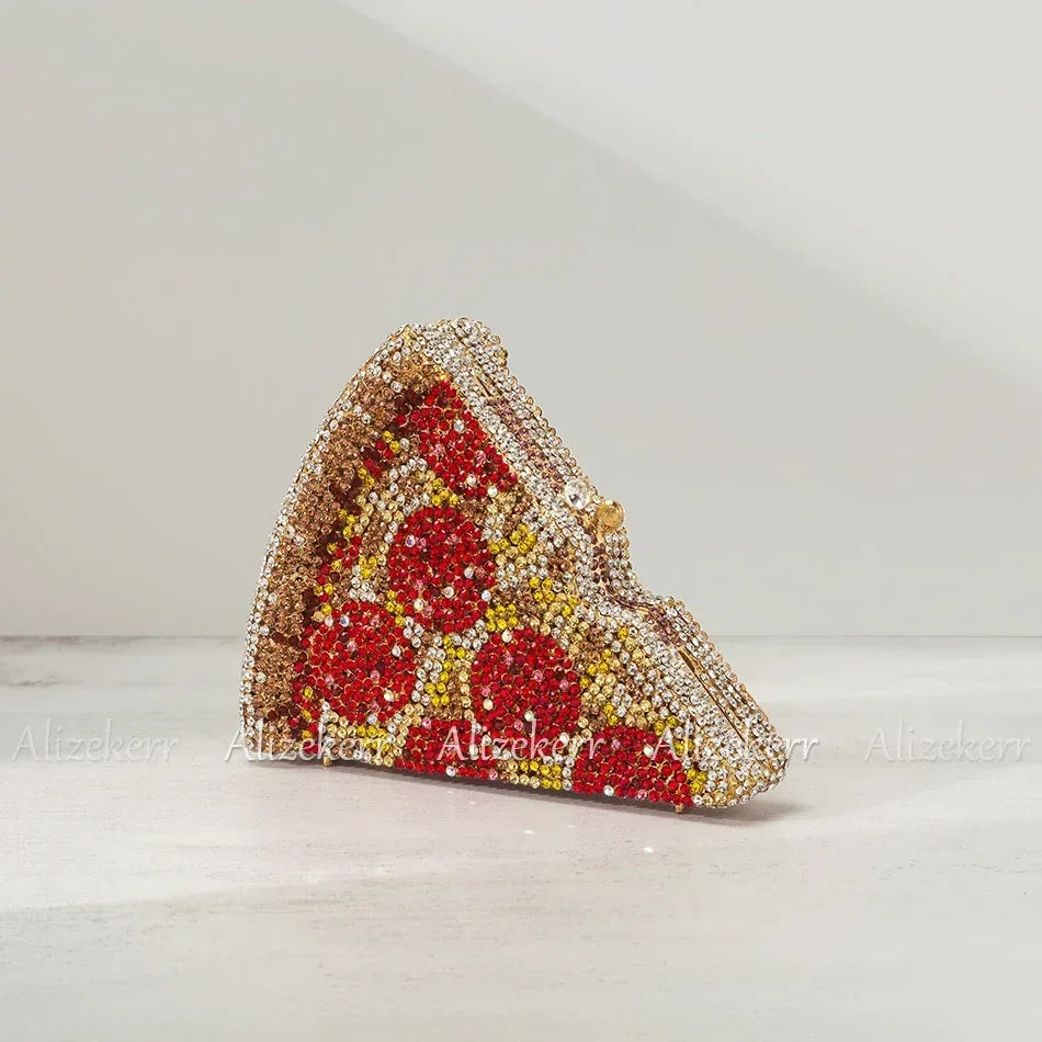 Alizekerr Pizza Shaped Diamond Evening Clutch Bags 2024 New Gorgeous Unique Metallic Watermelon Rhinestone Purses Wedding Party-belleandkai.com