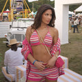 Pink Striped Knit Bikini 3 Piece Lace Up Halter Mini Shorts Cardigan Coat Set 2025 Fashion Autumn Women's Music Festival Costume-belleandkai.com