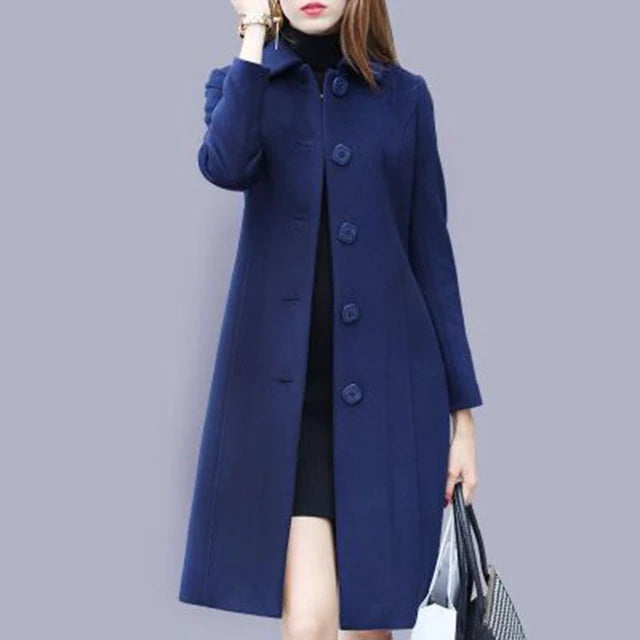 New Fashion British Solid Button Wool Coat Women Long Sleeve Jackets Woman Elegant Pocket Slim Outfit Mujer-belleandkai.com
