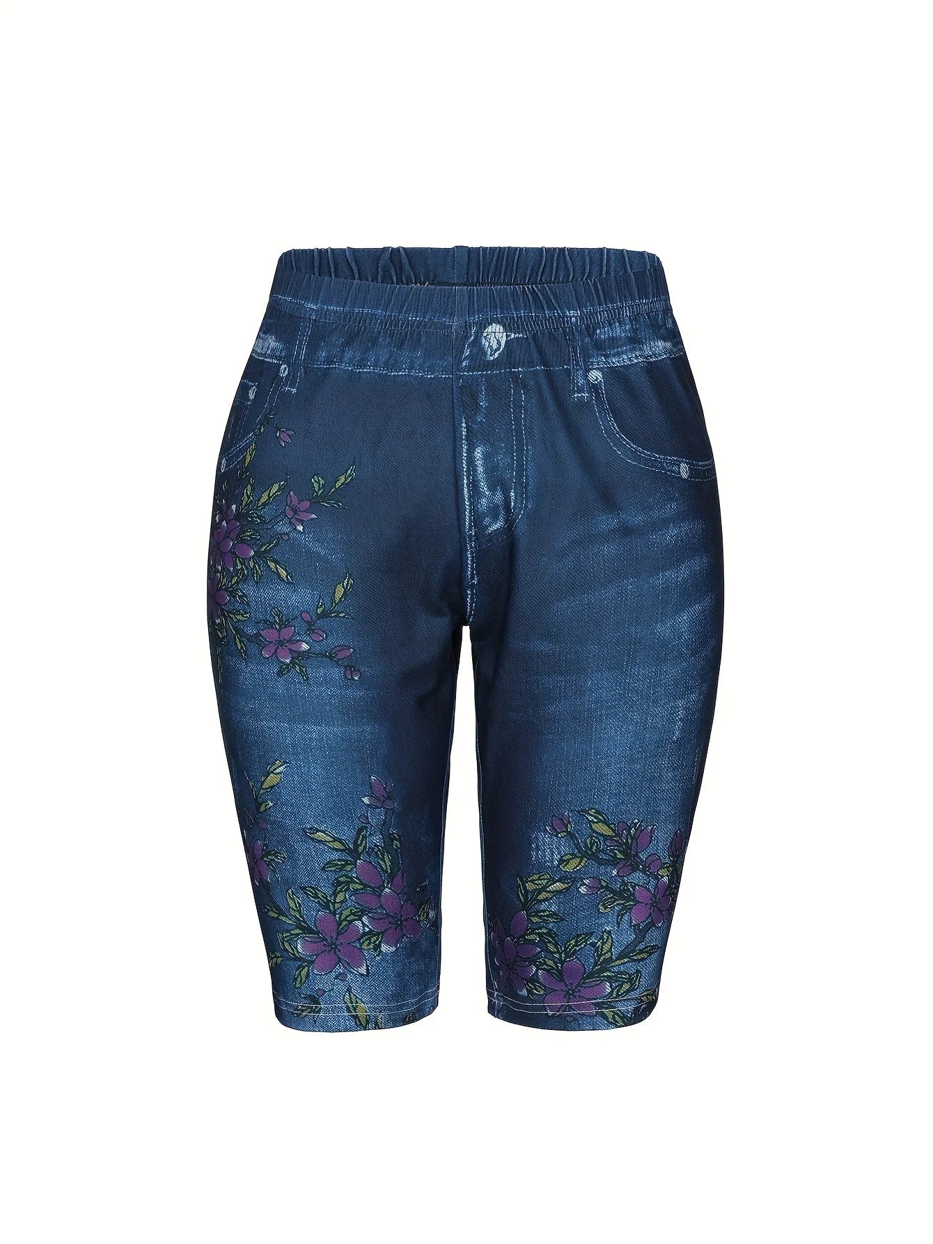 3-Piece Set Of Lily Flowers New Fashionable Denim Inspired Slim Fitting Shorts Women's Casual Leggings High Elasticity-belleandkai.com