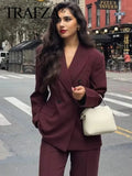 TRAFZA Vintage Woman Burgundy Red Blazer lapel Double Breasted Long Sleeve Suit Coat Women's 2024 Autumn Office Lady Outwear-belleandkai.com