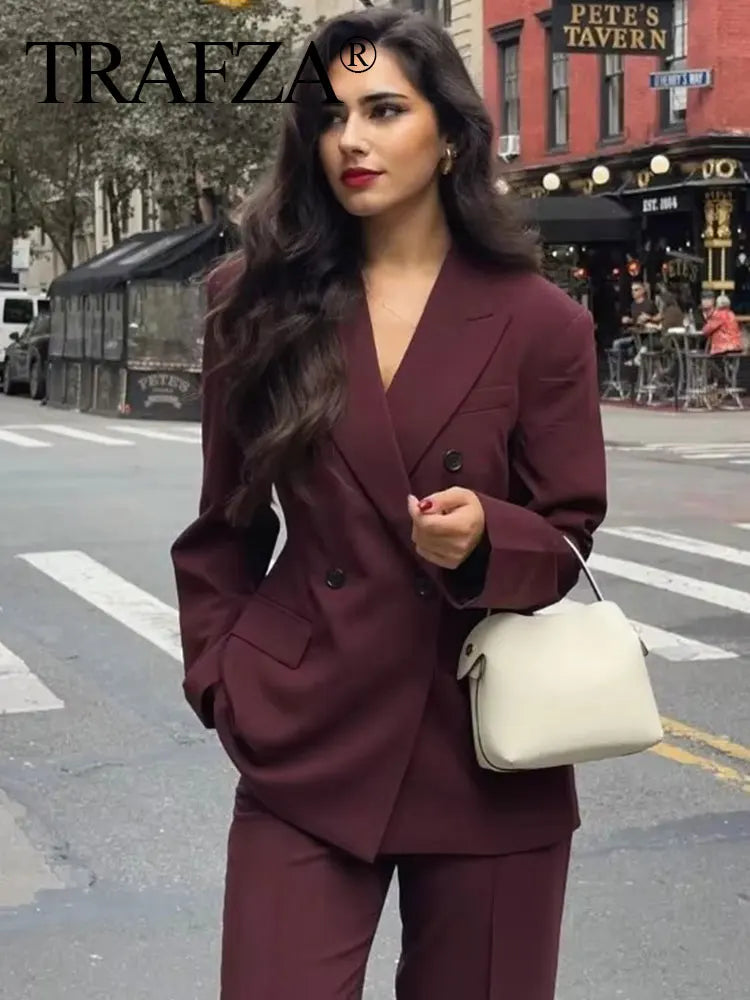 TRAFZA Vintage Woman Burgundy Red Blazer lapel Double Breasted Long Sleeve Suit Coat Women's 2024 Autumn Office Lady Outwear-belleandkai.com