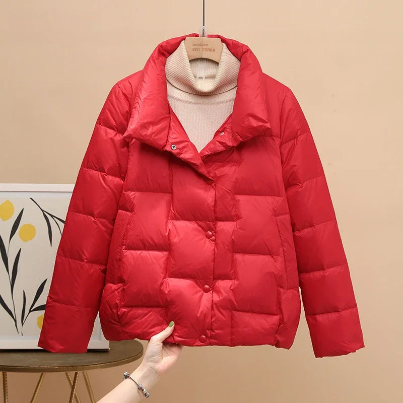 Autumn Winter Down Jacket For Women 2024 Solid Stand Collar Plaid Ultralight White Duck Down Coat Keep Warm Puffer Jacket Female-belleandkai.com